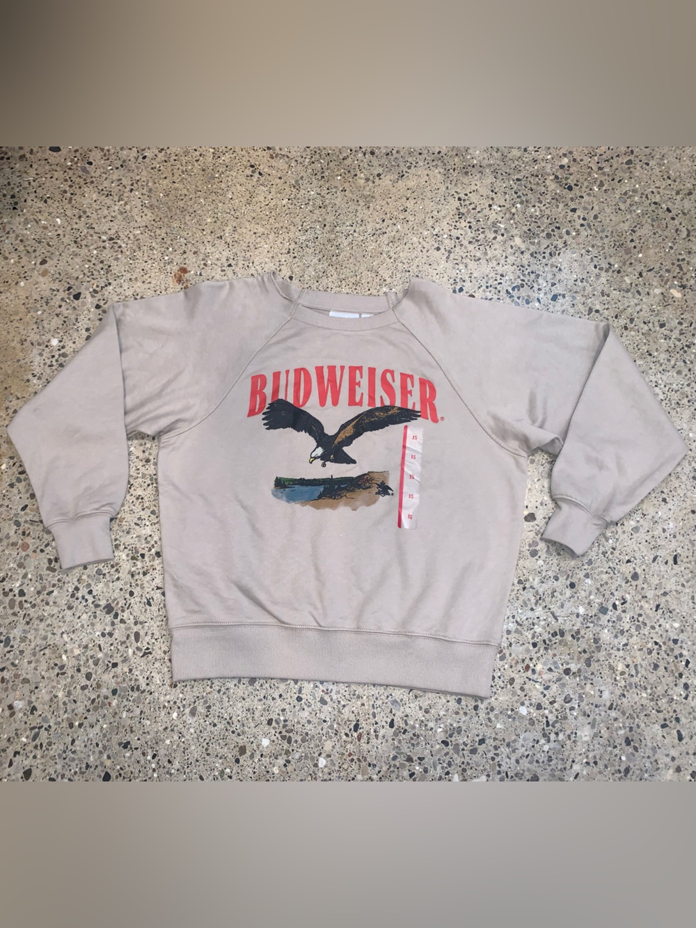 Budweiser Beige Crewneck with Red Logo and Eagle Graphic size XS NWOT
